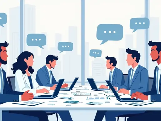 Ilustração corporativa flat mostrando especialistas construindo uma narrativa política para conselhos profissionais, com gráficos, documentos e elementos digitais ao redor 