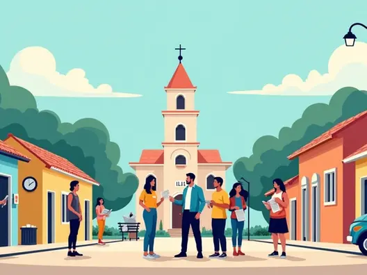 Candidato em campanha de guerrilha conversando com moradores em cidade pequena 