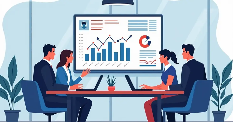 Ilustração corporativa mostrando equipe de campanha política reunida em sala de reuniões com gráficos, laptops e planejamento estratégico.