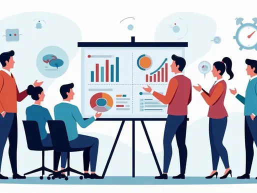 Ilustração corporativa plana mostrando líderes em treinamento de comunicação com gráficos e ícones digitais ao fundo