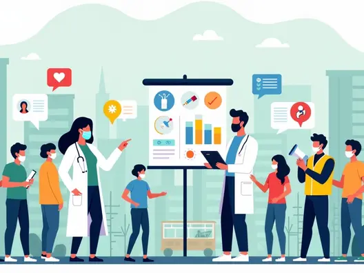 Ilustração de campanha integrada de saúde e segurança pública em ambiente urbano 