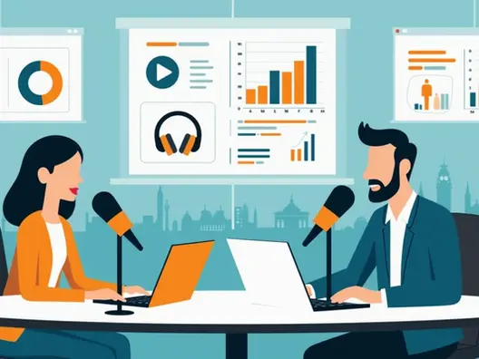 Estúdio de gravação de podcast com político falando ao microfone e equipe monitorando dados de audiência 