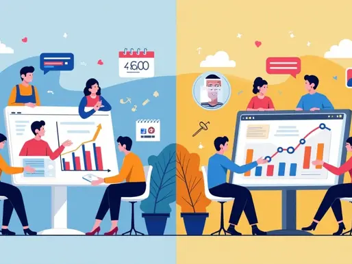 Ilustração corporativa mostrando comparação entre projetos de base contínuos e campanhas pontuais com gráficos e pessoas interagindo 