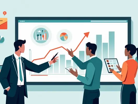 Ilustração de estrategistas analisando gráficos de campanha política em tela gigante 