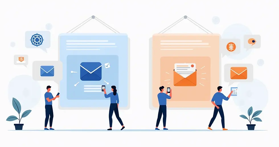 Ilustração corporativa mostrando dois painéis com ícones de ferramentas de email marketing, gráficos de segmentação e símbolos de sindicatos