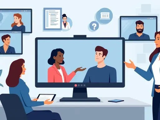 Ilustração corporativa de audiência pública digital com pessoas em videoconferência e gráficos 