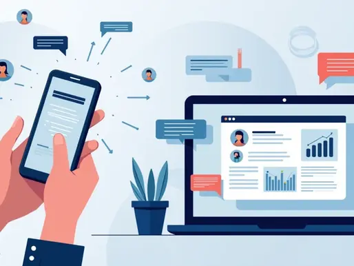 Ilustração corporativa com dispositivos móveis e telas de computador mostrando apps de engajamento sindical e plataformas web 