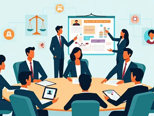 Ilustração de reunião estratégica para campanha em conselho de classe com diversos profissionais em mesa redonda 