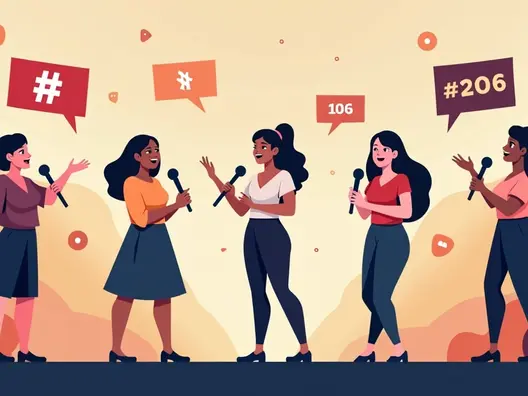 Ilustração corporativa plana com mulheres líderes discursando em palanque, cartazes de campanha, e elementos de comunicação política ao fundo