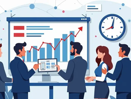 Ilustração corporativa plana de equipe políticas mantendo a calma durante uma crise, com gráficos, relógio simbolizando gestão do tempo e comunicação digital