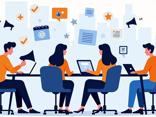 Ilustração corporativa de equipe digital organizada trabalhando em computadores e smartphones com gráficos e ícones de campanha ao fundo