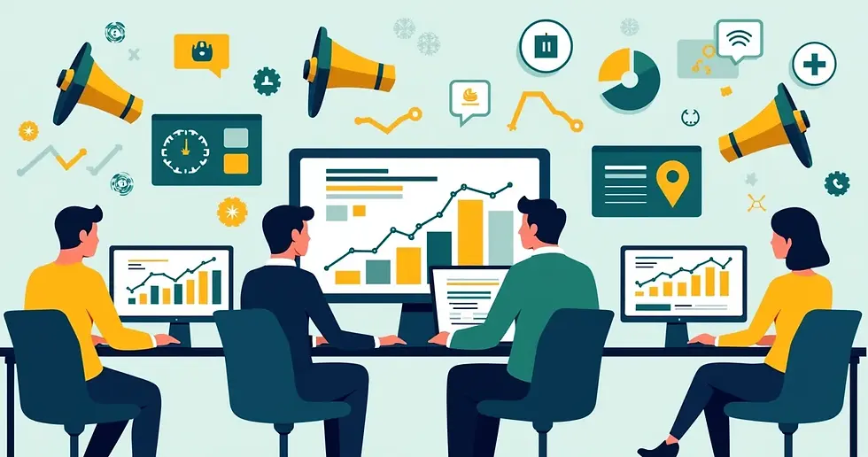 Equipe de marketing digital político com computadores e gráficos de campanhas eleitorais