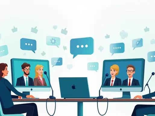 Ilustração corporativa de debate digital com pessoas em vídeo chamada e gráficos de interação digital 