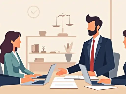 Ilustração corporativa mostrando uma reunião formal entre advogado e profissionais de comunicação, com documentos e laptops sobre a mesa