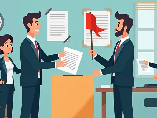 Ilustração corporativa mostrando votação sindical suspeita com urnas, documentos falsificados e bandeira vermelha de alerta 