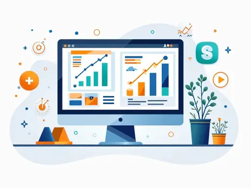 Ilustração corporativa mostrando gráficos, indicadores digitais e ícones de campanhas online em um fundo claro