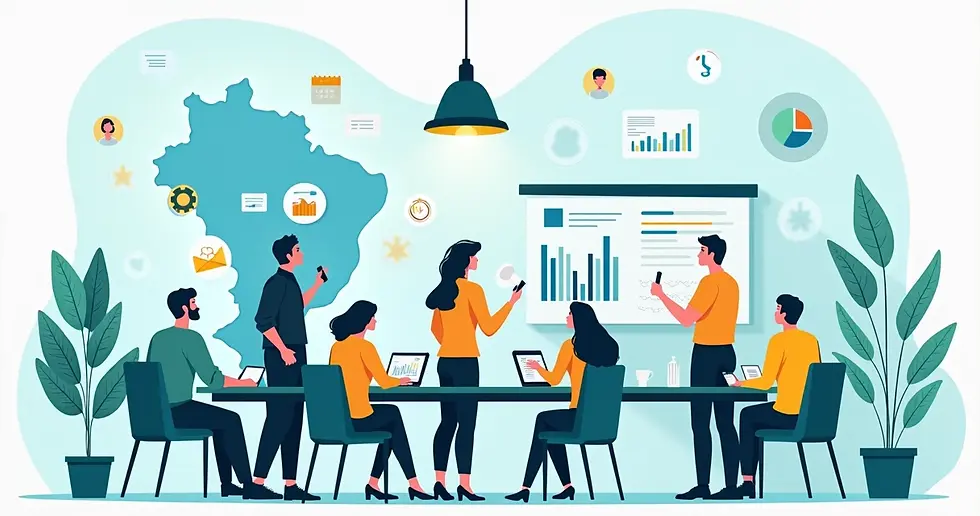 Ilustração corporativa plana mostrando equipe de consultoria estratégica reunida para planejamento político em Minas Gerais