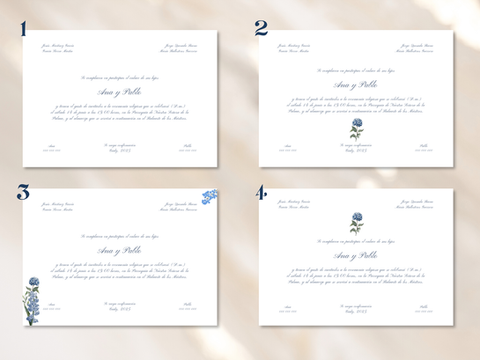 Invitaciones de boda de colección con forros florales en azul cobalto y verde musgo de Casa Salitre.