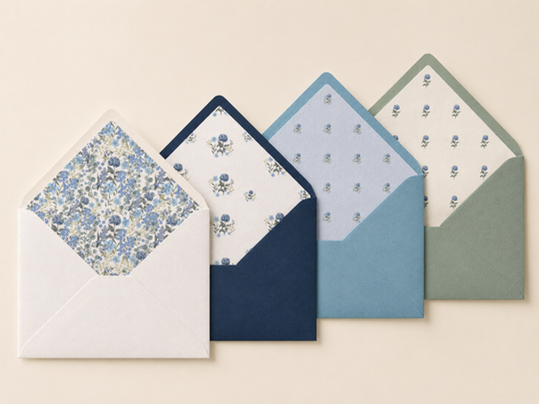Suite de invitaciones de boda de Casa Salitre inspirada en hortensias con matices azul cobalto y verde musgo.