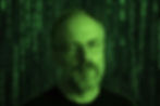 Philip K. Dick com códigos digitais caindo ao fundo em estilo Matrix, representando sua teoria de que a realidade é uma simulação.