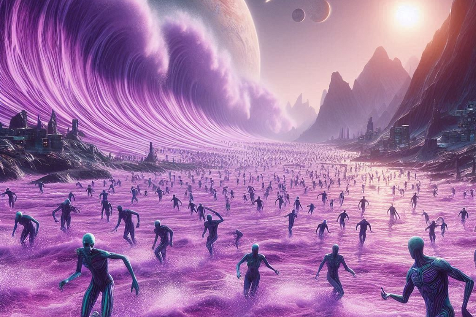 Ondas gigantes invandindo a terra em um planeta aliénigena, enquanto seus habitantes correm desesperados.