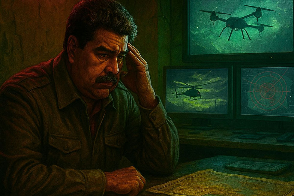 Nicolás Maduro escondido em bunker subterrâneo, cercado por mapas militares e monitores de drones, representando tensão e operações secretas na Venezuela.