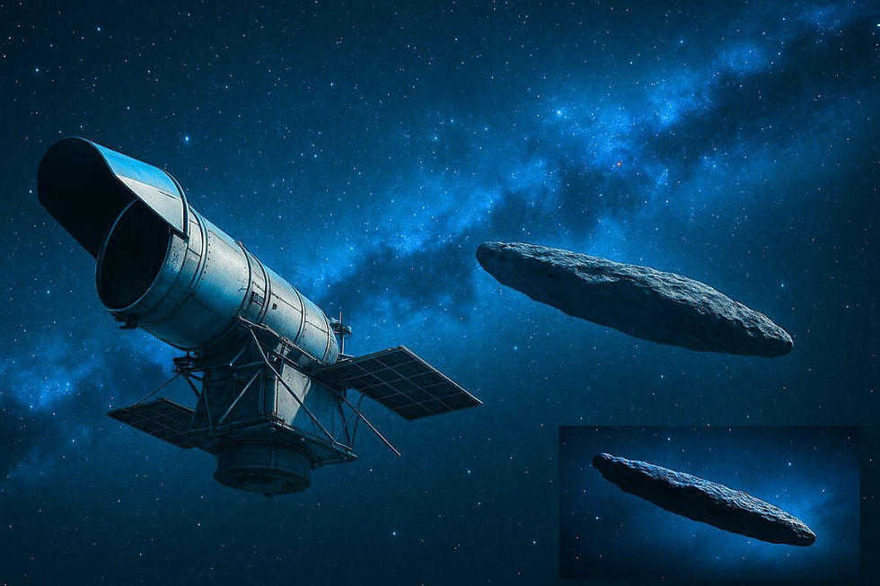 Ilustração digital de um telescópio espacial moderno observando um objeto misterioso no espaço, ligado ao 3I/ATLAS.