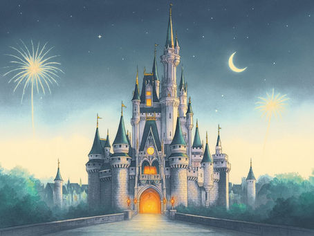 Castelo da Disney iluminado à noite, com céu estrelado em tons de azul e violeta, representando a magia e o mistério em torno da marca Disney.