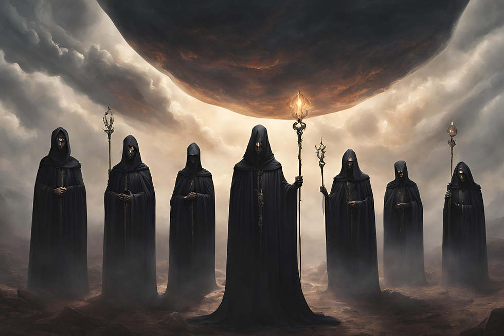 Seres com os rotos cobertos pelo capuz de suas túnicas negras, segurando cetros, com um céu com nuvens escuras e um grande asteróide por trás.