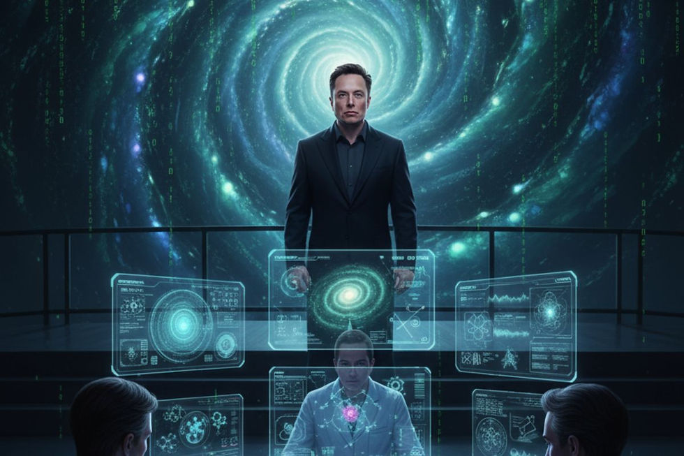 Cientistas e Elon Musk observando partículas subatômicas em hologramas que lembram códigos de computador, sugerindo a teoria da simulação.