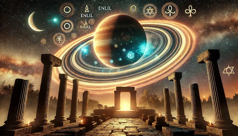 Imagem ilustrativa do planet Saturno e seus anéis pairando sobre um templo de pedra pagão, com símbolos de alguns signos pairando pelo céu noturno.