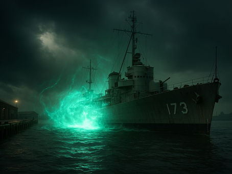 Navio USS Eldridge desaparecendo em campo eletromagnético durante o Experimento Filadélfia
