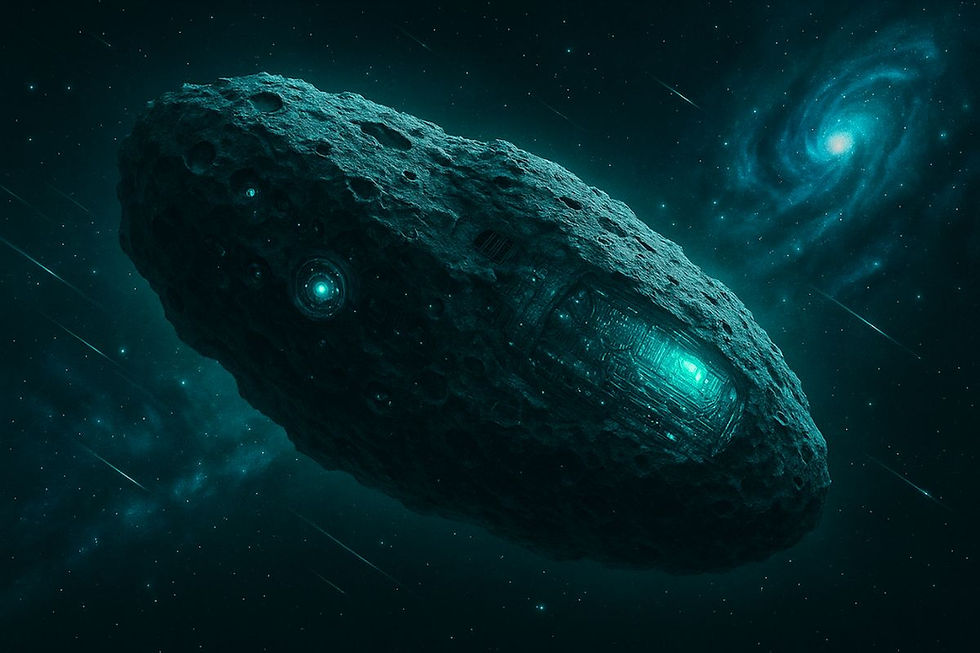 Representação artística de um objeto interestelar gigantesco, semelhante a um asteroide, atravessando o espaço profundo, sugerido como possível nave alienígena.