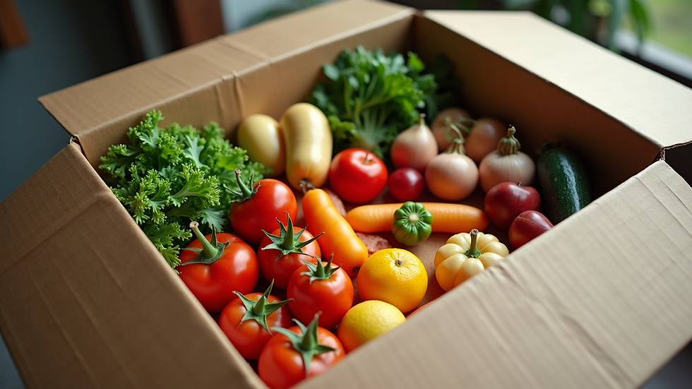 High angle view of a delivery box filled with various ethnic groceries ready to be unpacked