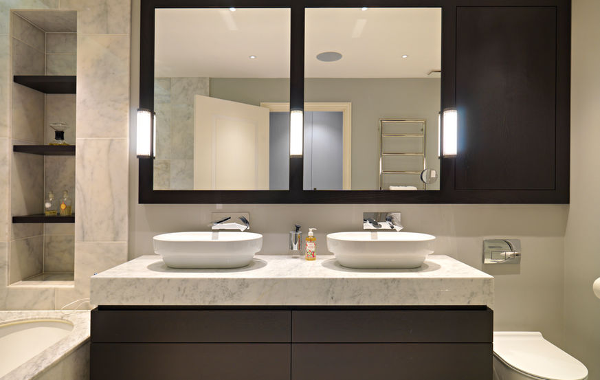 Handmade vanity unit from stained oak with six drawers