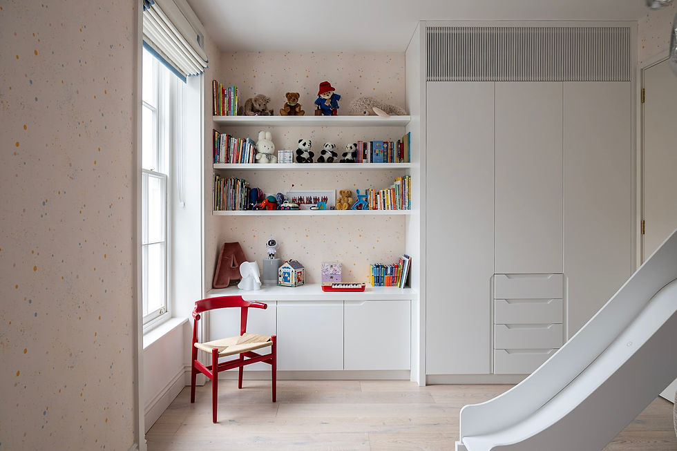 Contemporary fitted storage combining wardrobes, shelving and drawers in a child's bedroom