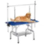 Foldable pet grooming table with arm and storage shelf