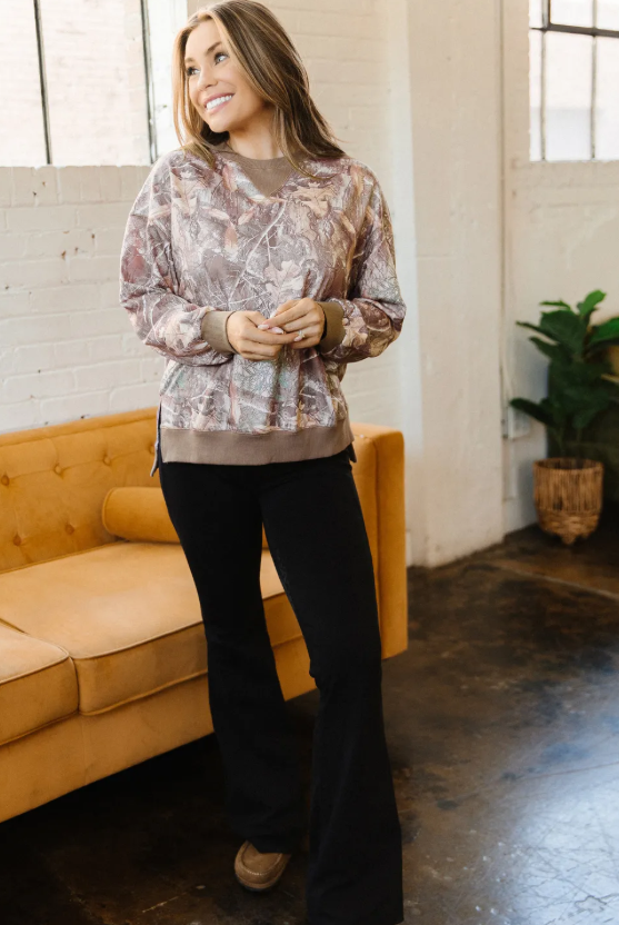 Thumbnail: 🦆Brown Abstract Camo Print Color Block Detail Baggy Pullover Sweatshirt