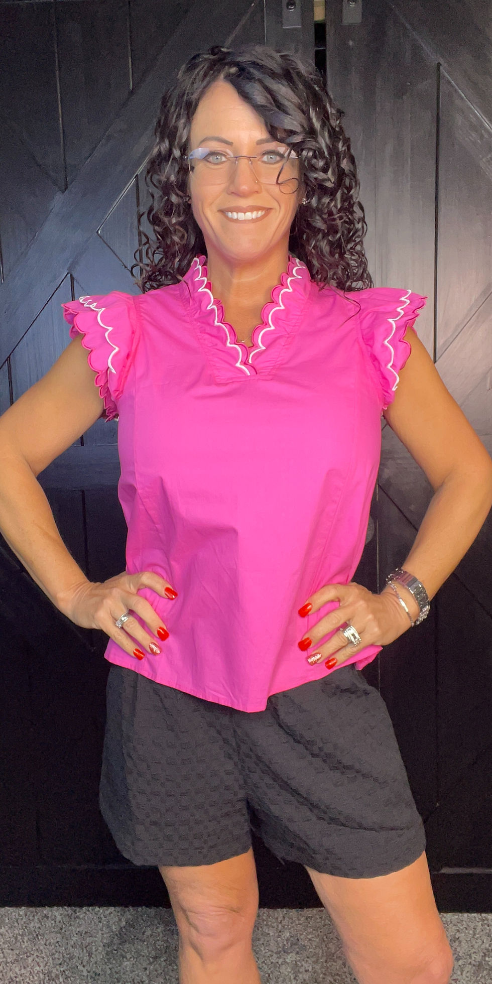 Thumbnail: Bright Pink Contrast Scallop Trim V Neck