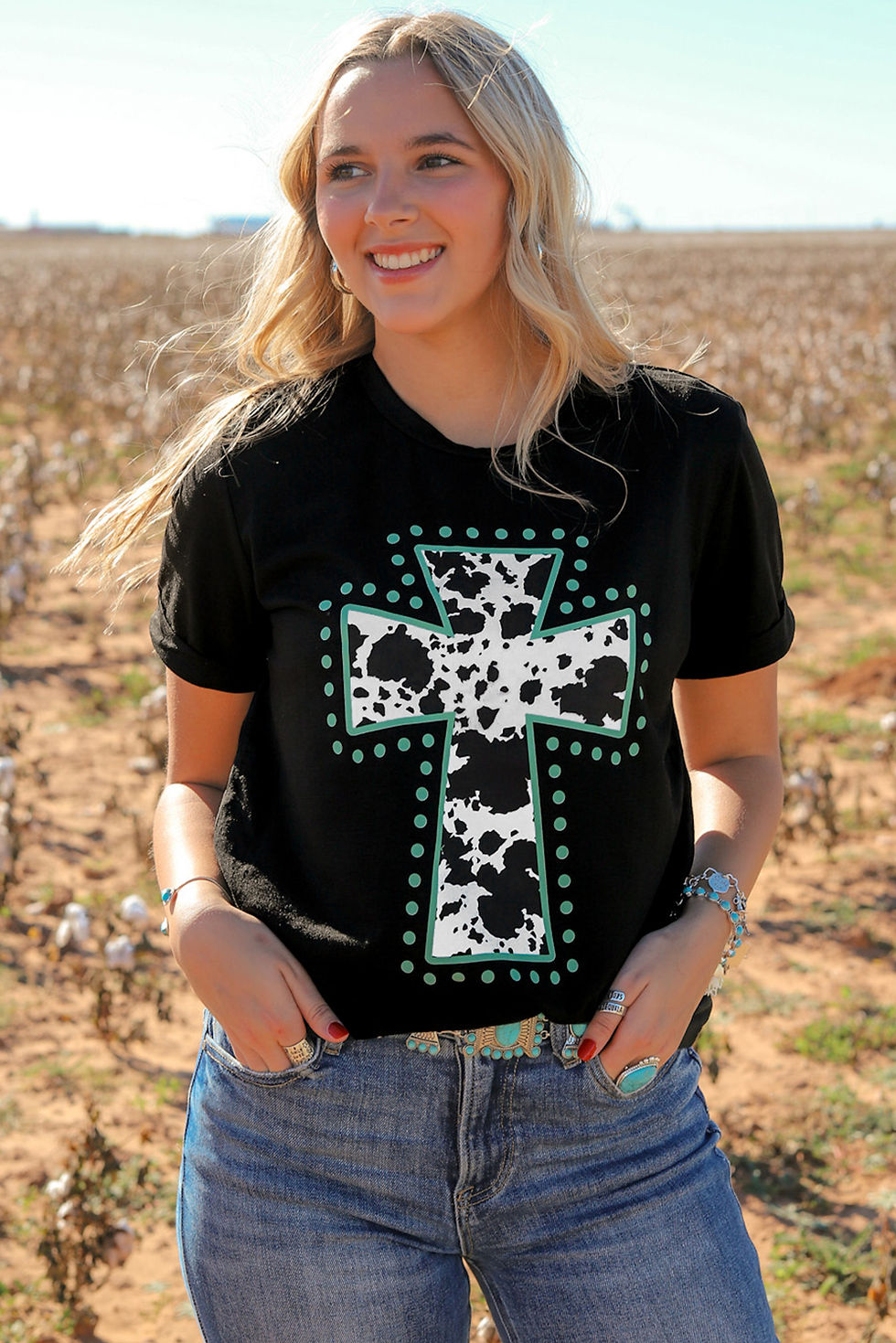 Thumbnail: 🐮Black Animal Print Cross Graphic Tee