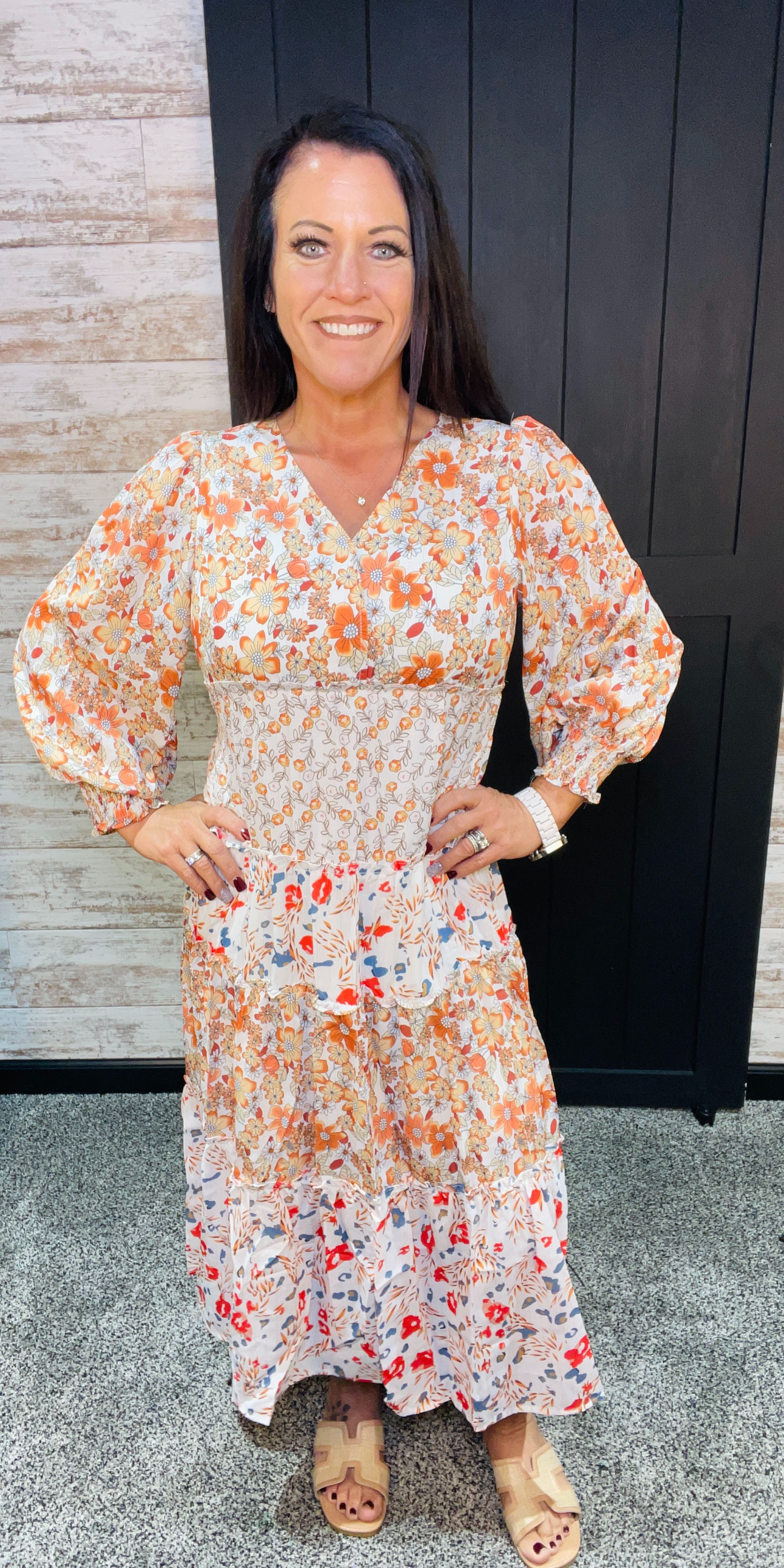 Khaki Floral Print Ruffled Tiered Long Sleeve V Neck Midi Dress