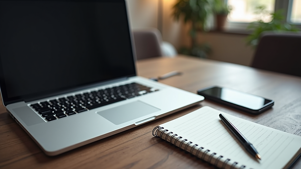 High angle view of a laptop and notebook on a desk with creative design work
