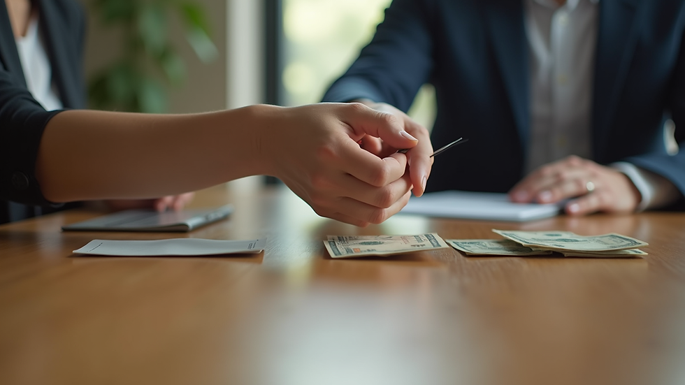 Close-up view of a hand exchanging cash payment on a wooden table