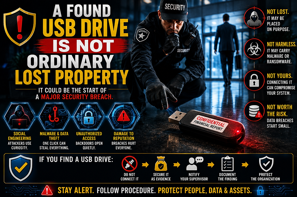 Security awareness poster showing a security guard discovering a suspicious USB flash drive labeled “Confidential Financial Report” in a corporate facility. The image warns that a found USB drive is not ordinary lost property and may be part of a USB baiting attack, social engineering scheme, malware infection, ransomware attack, data theft attempt, or unauthorized access operation. Visual elements highlight cybersecurity risks, physical security threats, incident reporting, evidence handling, security guard procedures, and workplace security awareness. Ideal for content about USB security, cybersecurity training, information security, social engineering prevention, physical security operations, cyber threats, security officer training, and protecting organizational data, people, and assets.