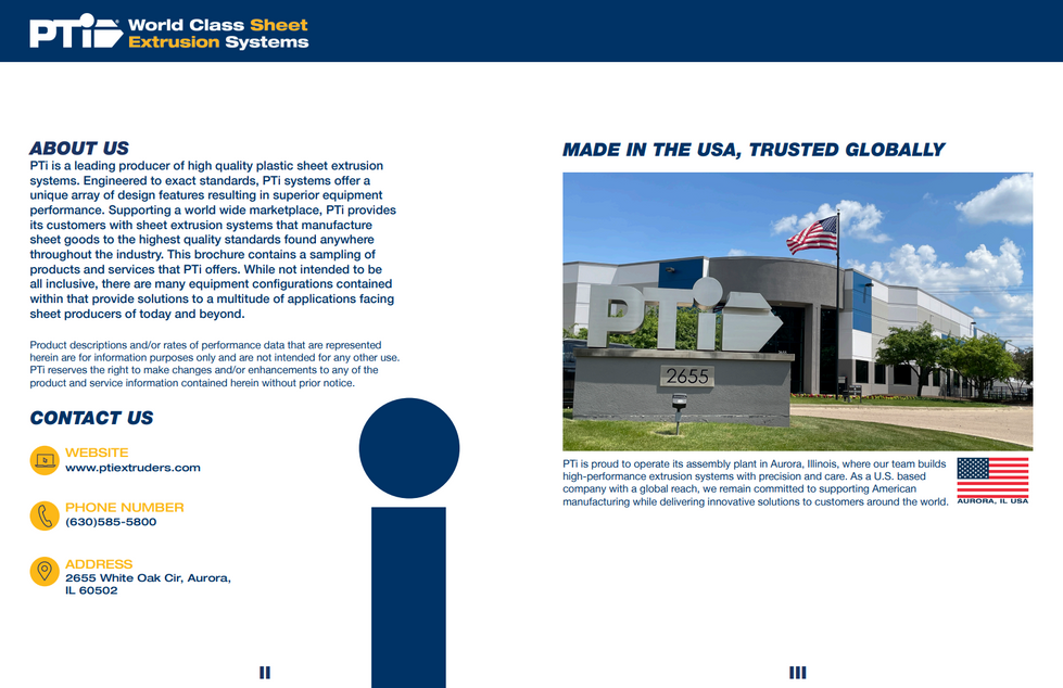 Two-page catalog spread featuring PTi's About Us section on the left with company background and contact details, and a photo of PTI's Aurora, Illinois facility with American flag on the right, all in PTI's blue and yellow brand colors.