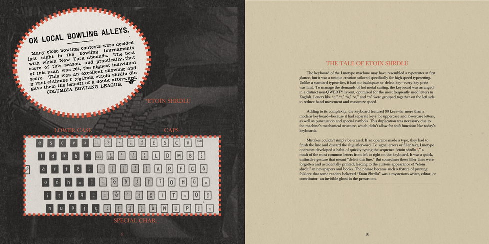 Book spread featuring a technical diagram of the Linotype keyboard layout with numbered callouts showing the frequency-based key arrangement different from standard QWERTY keyboards.