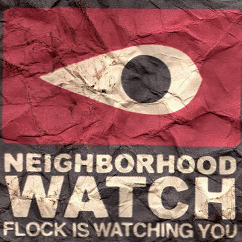A door slip card with a red background and large eye icon at the top. Below in bold distressed type reads 'Neighborhood Watch' and 'Flock Is Watching You.'