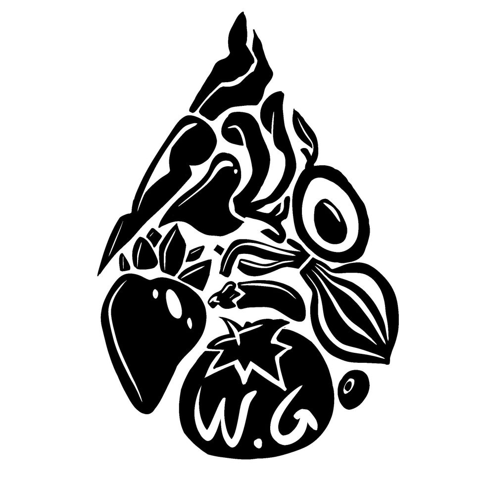Black and white logo for Washed Greens Hydroponics featuring various vegetables arranged in a water drop shape with the initials W.G. at the base.