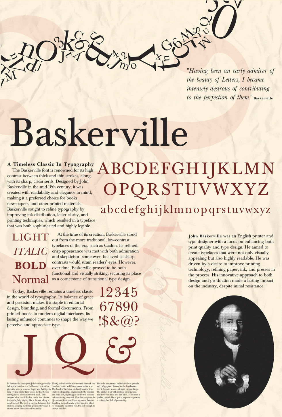 Typography specimen poster for the Baskerville typeface featuring the character set, type weights, historical context, and a portrait of John Baskerville on an aged paper background.