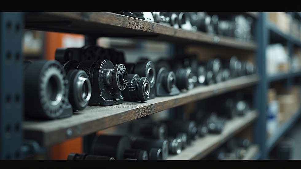 Close-up view of automotive parts displayed on a shelf